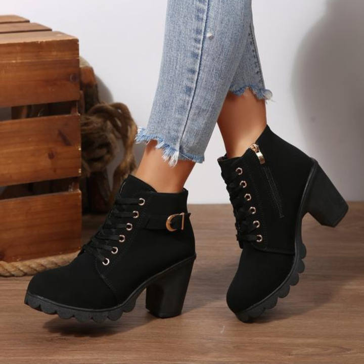 KATNI- Chic Lace-Up Metal Buckle Chunky Ankle Boots