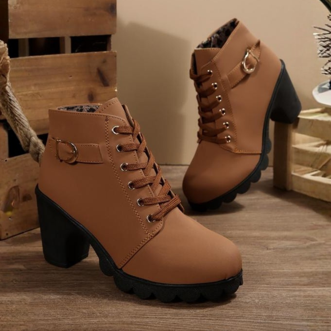 KATNI- Chic Lace-Up Metal Buckle Chunky Ankle Boots