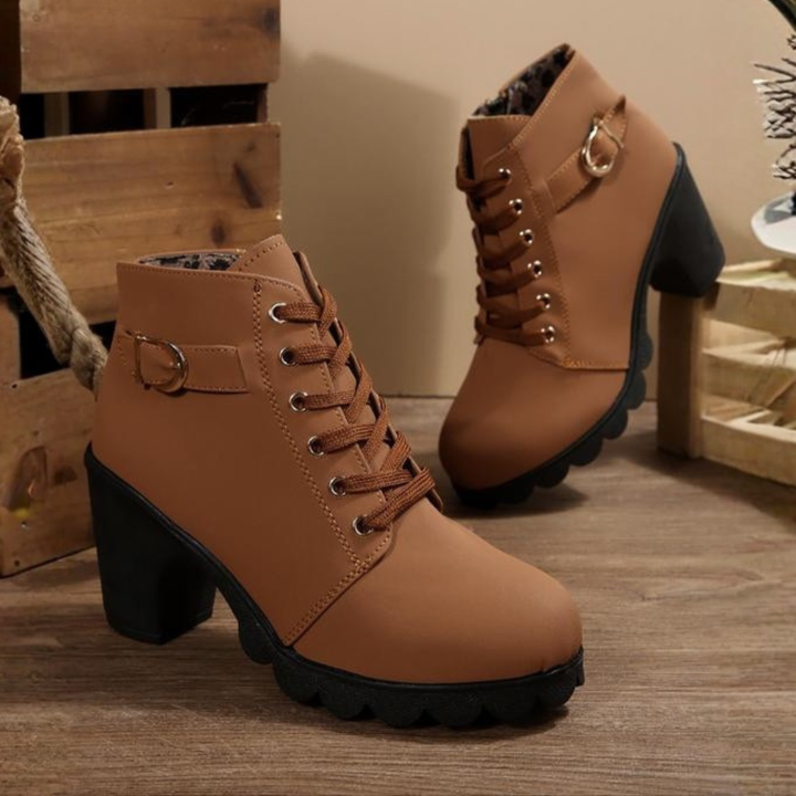 KATNI- Chic Lace-Up Metal Buckle Chunky Ankle Boots