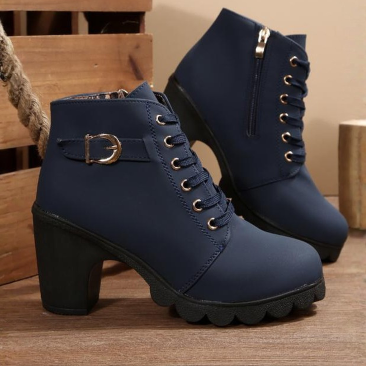 KATNI- Chic Lace-Up Metal Buckle Chunky Ankle Boots