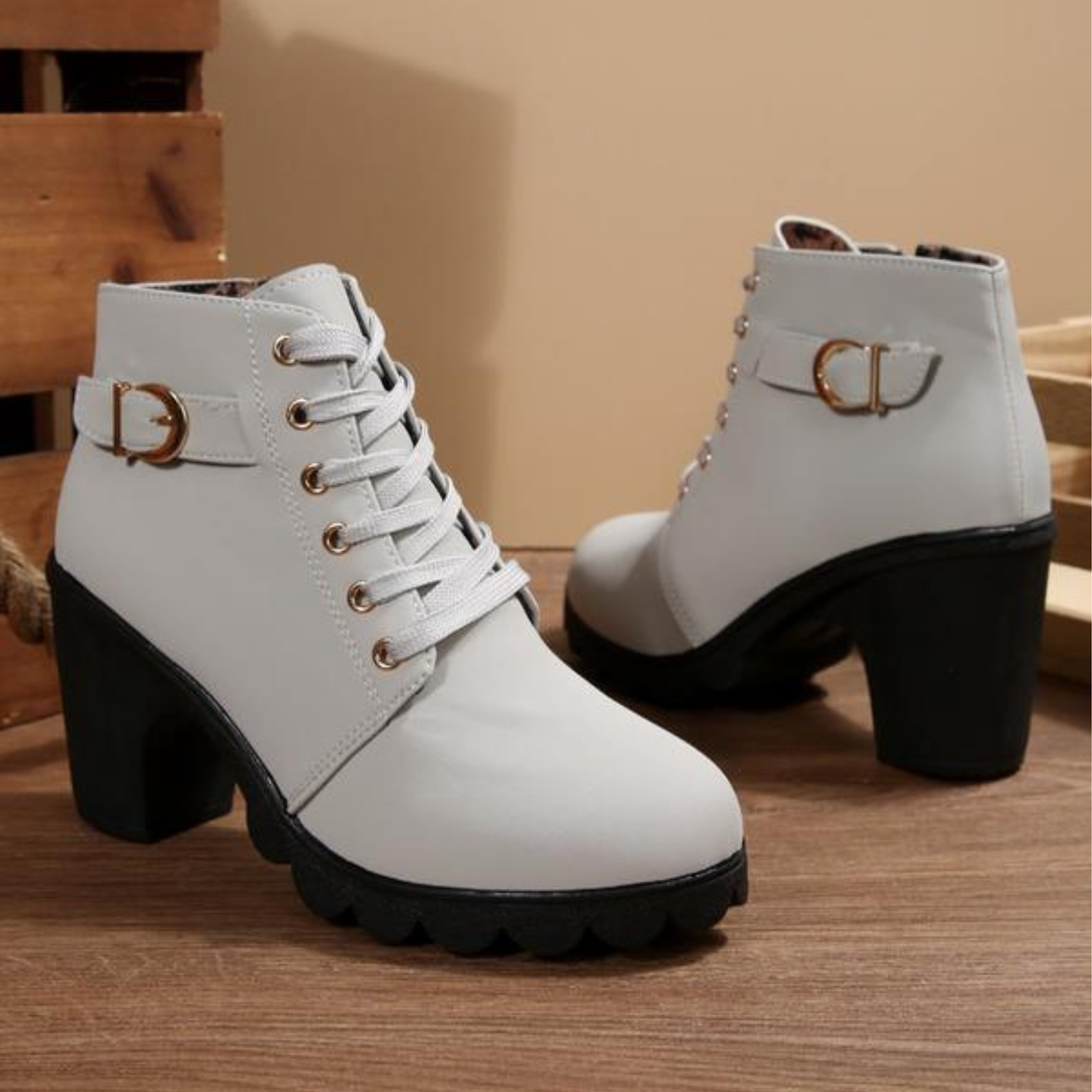 KATNI- Chic Lace-Up Metal Buckle Chunky Ankle Boots