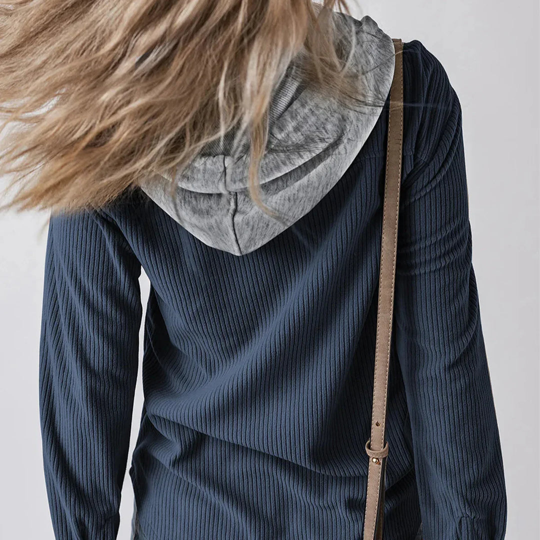 Denise - Ribbed Hooded Button Hoodie