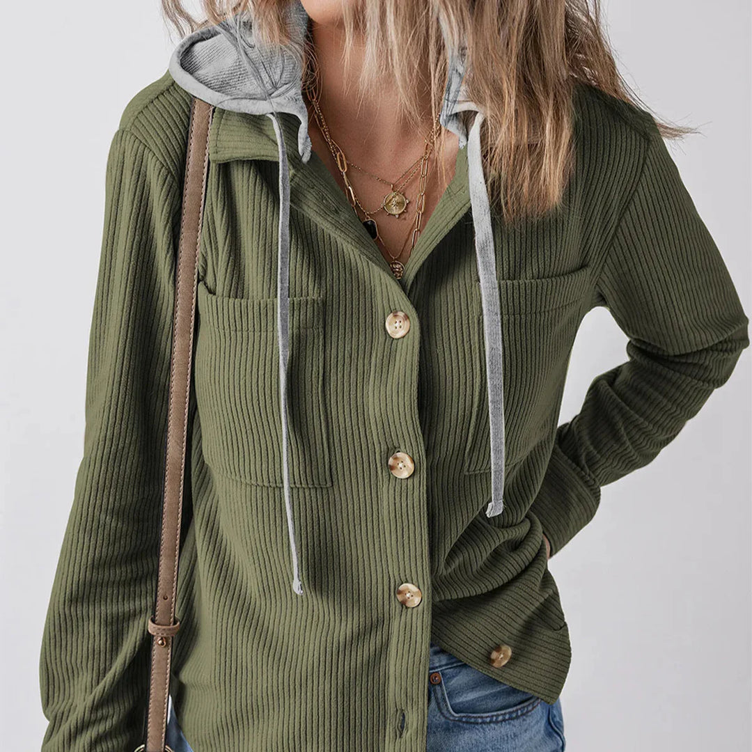 Denise - Ribbed Hooded Button Hoodie