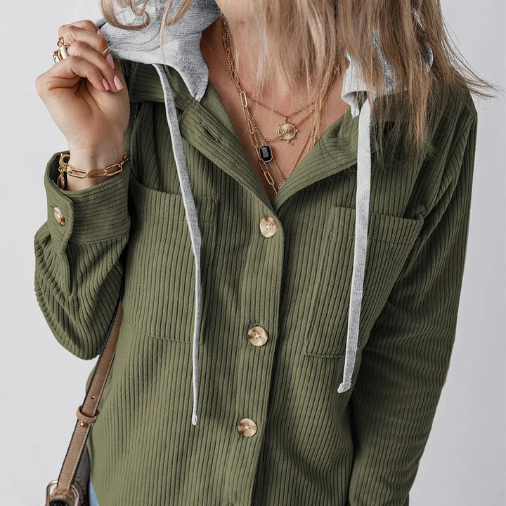 Denise - Ribbed Hooded Button Hoodie