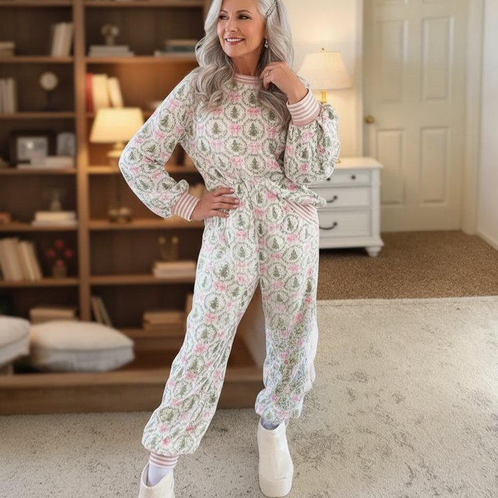 AUBREY - Cozy Christmas Bow Print Loungewear Set